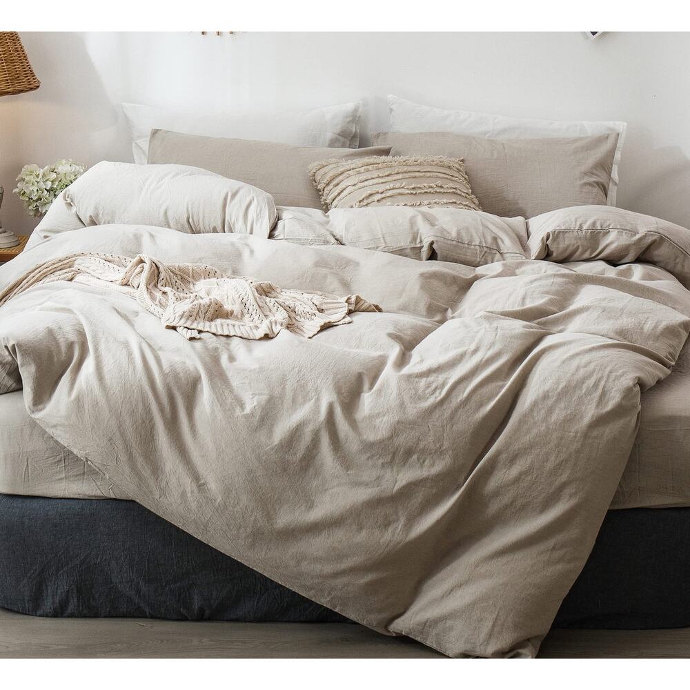 MooMee Bedding Duvet Cover Set Textured Heathered Tannish Linen Grey King 104X90